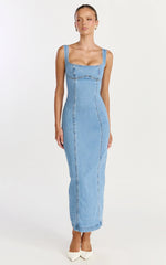 Kristie Midi Dress - Wide Neck Corset Detail Denim Dress in Light Mid Blue