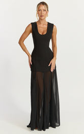 Frances Maxi Dress - Contrast U Neck Godet A Line Dress in Black