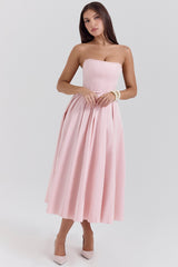 parisian pink strapless corset midi dress