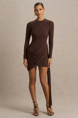 Calista | Brown Crew-Neck Mini Dress With Sash