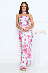 Bloom Pop Satin Strapless Maxi Dress Blue