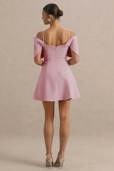 Faria | Blush Pink Short-Sleeve Bardot Mini Dress With Bow Detail