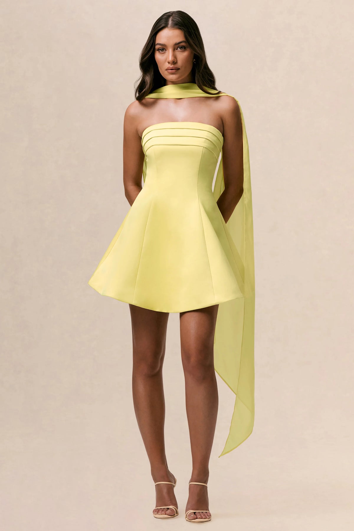 Love Me | Lemon Satin Skater Mini Dress With Chiffon Scarf
