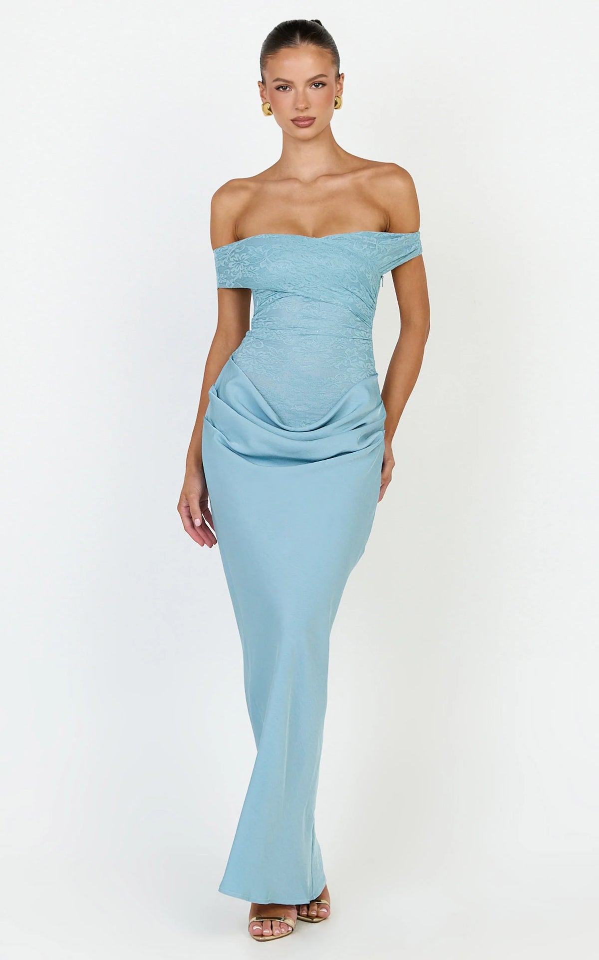 Thalassa Maxi Dress - Lace Off Shoulder Contrast Draped Cowl Waist Dress in Light Blue