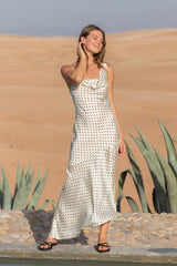 Dotted Moment Satin Polka Dot Midi Dress Cream