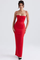 red satin corset maxi dress