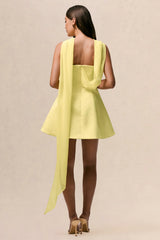 Love Me | Lemon Satin Skater Mini Dress With Chiffon Scarf