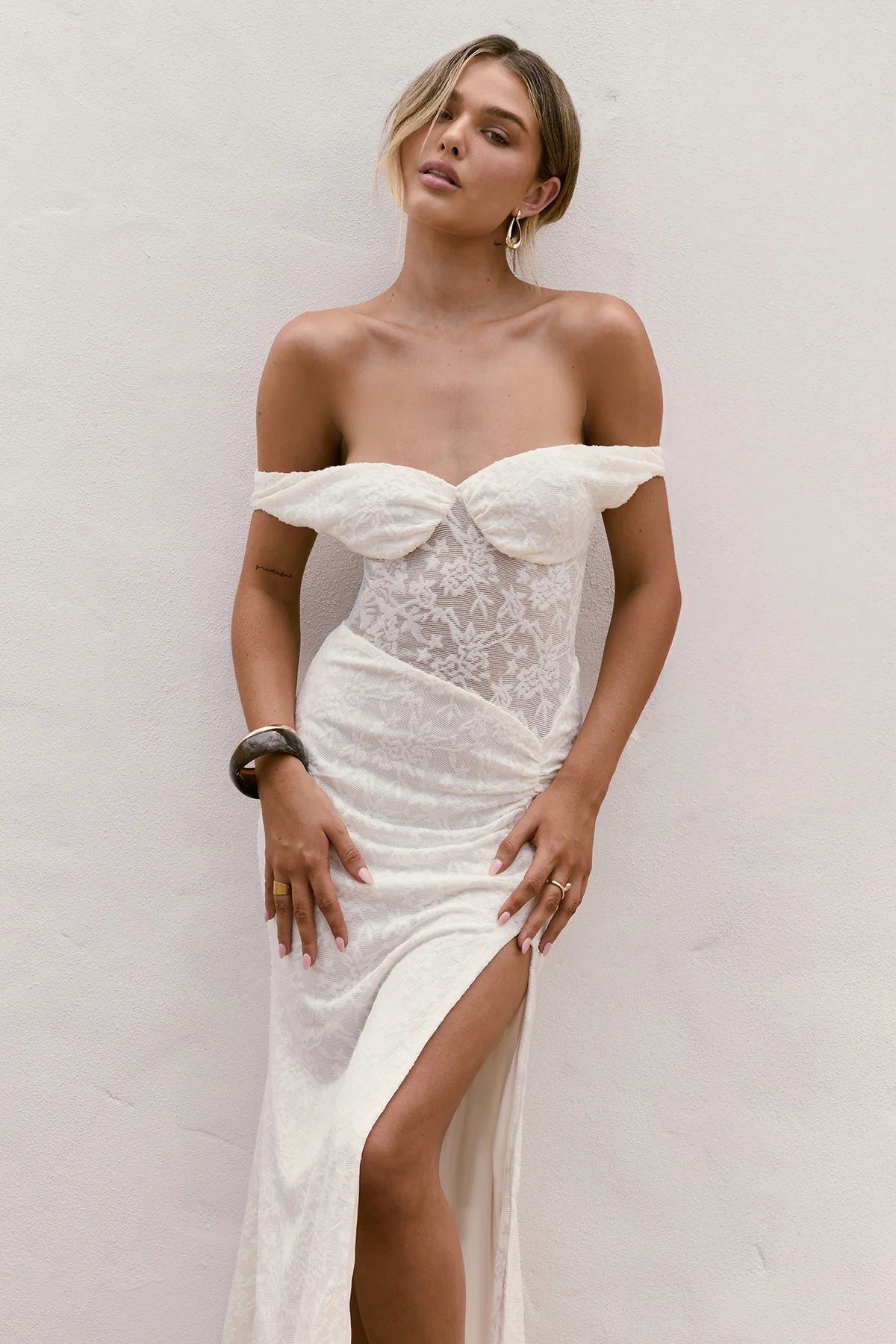 Soft Smiles Off Shoulder Lace Maxi Dress White