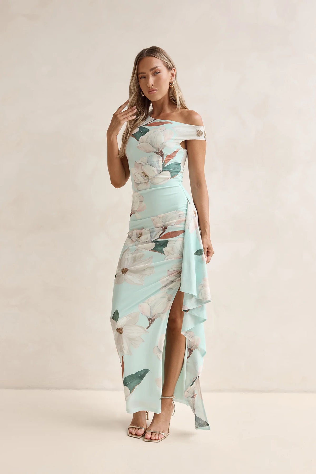 Case Of Flowers Off Shoulder Mesh Maxi Dress Mint