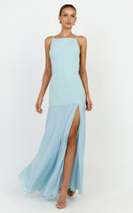 Ayla Maxi Dress - High Neckline Contrast Georgette Skirt Dress in Blue